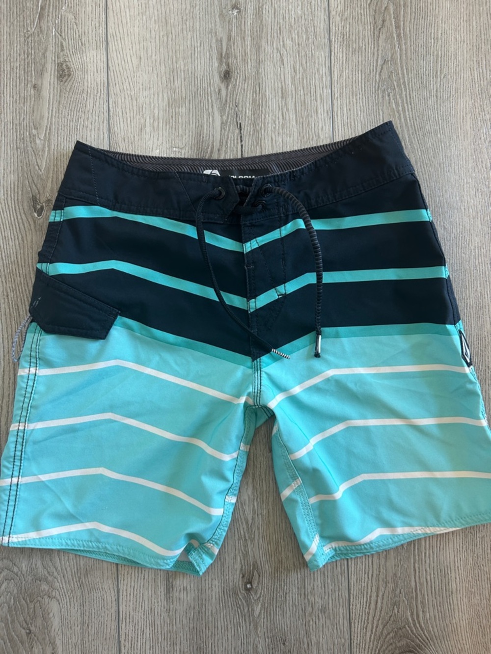 Volcom Aqua and Navy Striped Board Shorts